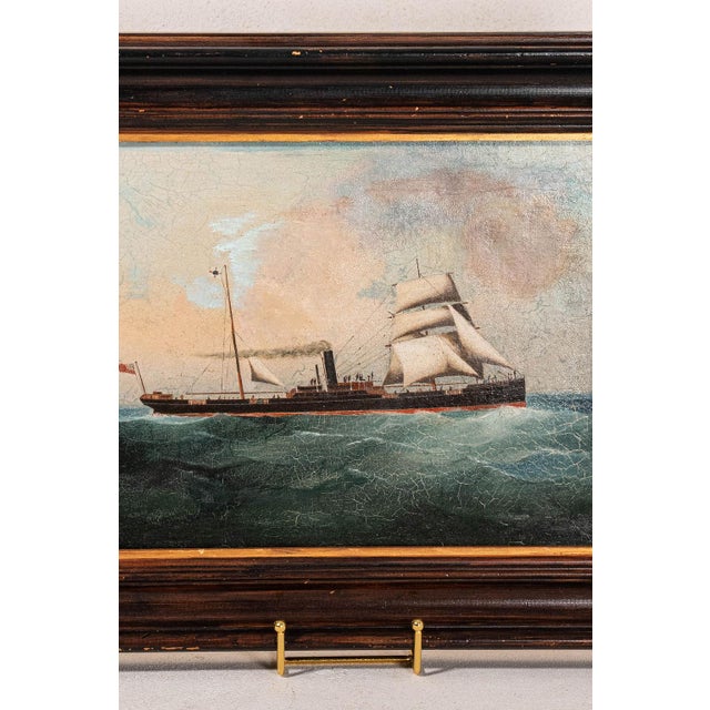 Black Antique Oil on Canvas British Steamship Painting in Oak Frame For Sale - Image 8 of 9