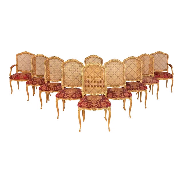 Set of Ten Louis XV Style Dining / Side Chairs, Clayed Gilt and Cane, French For Sale