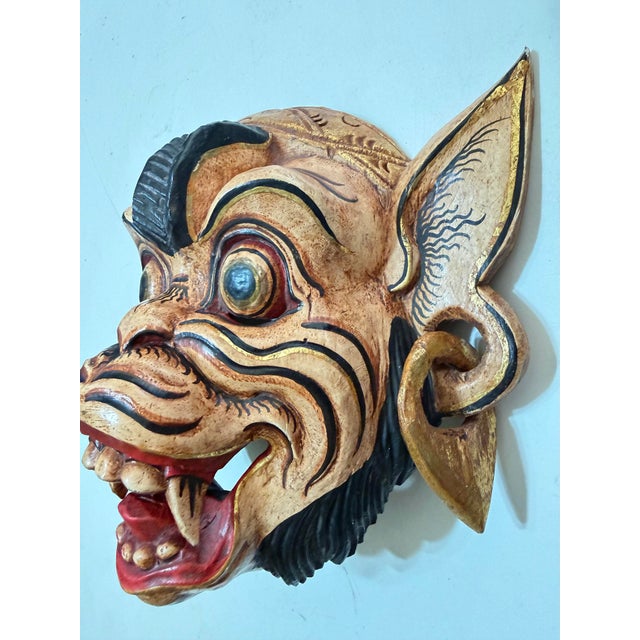 Vintage Balinese Hand-Carved & Painted Barong Monkey Wood Wall Mask For Sale - Image 4 of 11