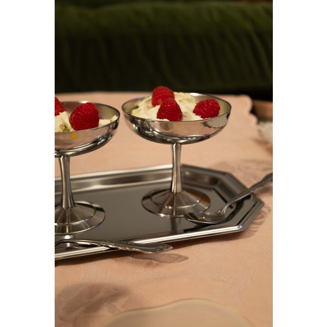 Silver Italian Stainless Steel Dessert Set – 2 Coupes With Tray For Sale - Image 8 of 9