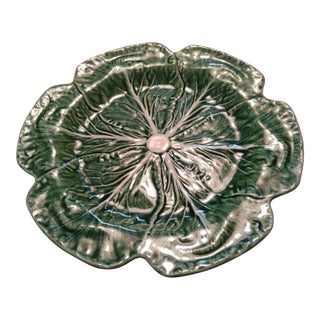 Vintage Bordallo Pinheiro Green Cabbage Majolica Dish Plate Large 12” For Sale