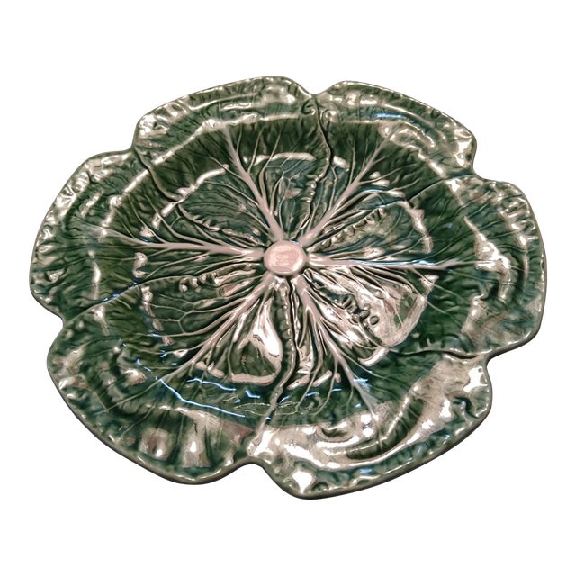 Vintage Bordallo Pinheiro Green Cabbage Majolica Dish Plate Large 12” For Sale