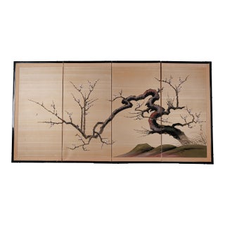 Japanese Hand Painted Silk Byobu "Ancient Tree in Winter" Mid-20th Century 4-Panel Folding Screen ~ Very Good + Front & Good + Back For Sale