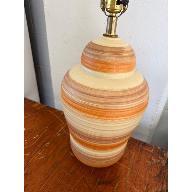 1960s Turned Studio, Pottery Ceramic Lamp, Striped Orange, and Cream Glaze With Shade For Sale - Image 4 of 6