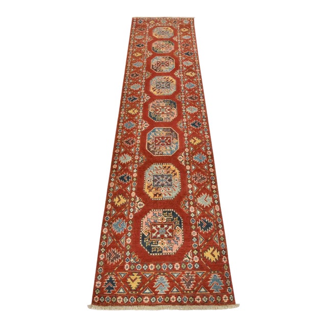 Kazak Runner 2’6” X 9’10” Red Wool Tribal Hand-Knotted Oriental Rug For Sale