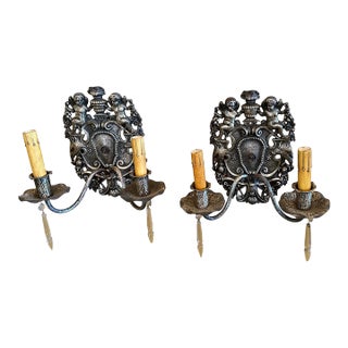 1910s Neoclassical Brass With Original Silvery With Ornate Central Urn Crest Flanked by Cherubs - Pair For Sale