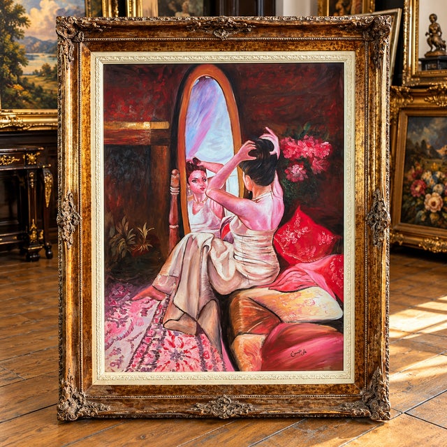 French 1990s Romantic Woman at the Mirror Wall Art – Elegant Feminine Portrait With Ornate Gold Leaf Wood Frame For Sale - Image 3 of 3