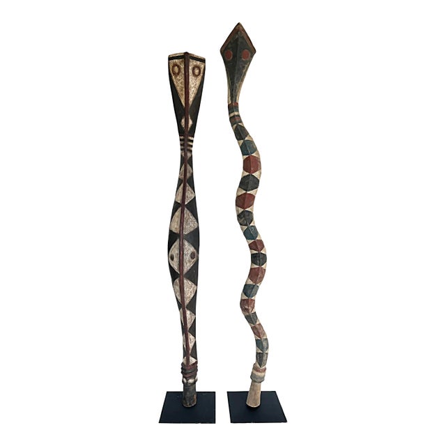 Western African, Guinea or Senegal Baga Serpent Sculptures on Custom Iron Stands-Set of 2 For Sale