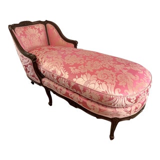 Parisian Style Pink Satin Damask Chaise Lounge With Reversible Cushion For Sale