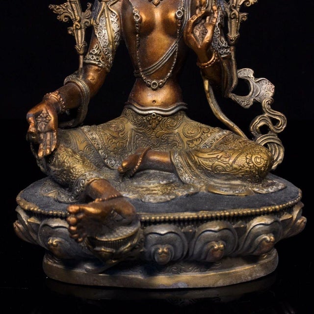 Late 19th Century Gilt Bronze Green Tara Statue, Tibetan Buddhist Figure, 1kg For Sale In Los Angeles - Image 6 of 9
