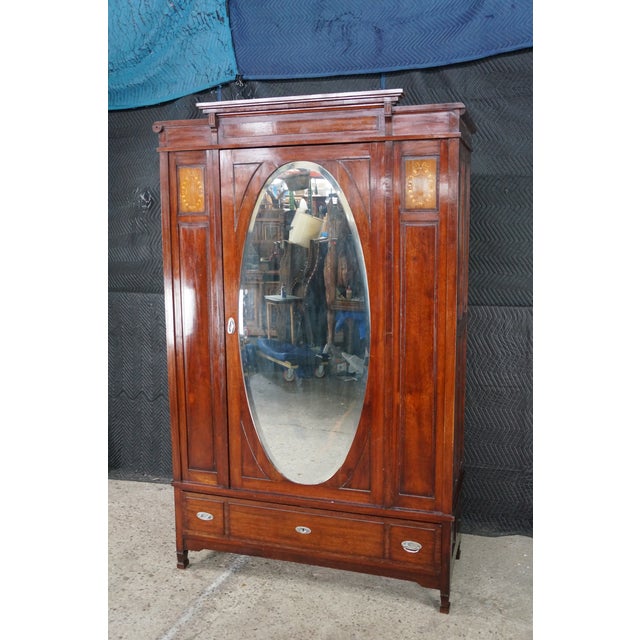 Wood Antique Edwardian Neoclassical Mahogany Fruitwood Inlaid Wardrobe Armoire Mirror For Sale - Image 7 of 18
