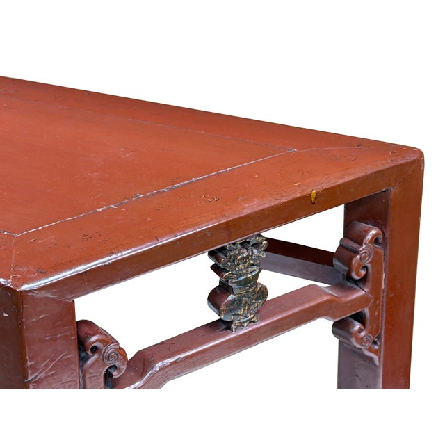 Wood Distressed Reddish Brown Trapezoidal Geometric Lattice Panel Console Table For Sale - Image 7 of 13