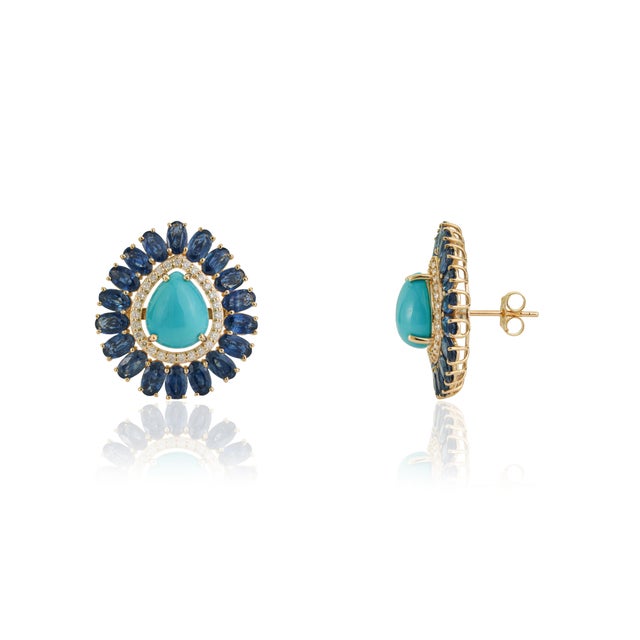 VR Jewels Art Deco 17ct Turquoise & Blue Sapphire Statement Earrings With Diamonds in 14k Gold- A Pair For Sale - Image 4 of 17