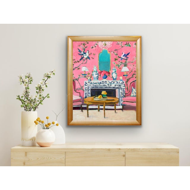 A beautiful decorative pink interior scene by Michelle Heimann. The palette is made up of variations of pinks, blues and...