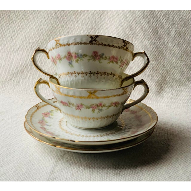 Pair of Antique French Limoges Hand-Painted Soup Bowls With Underliners - Paris Brocante Find For Sale - Image 11 of 15