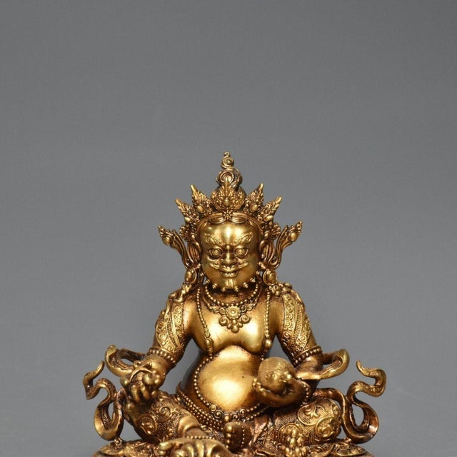 Yellow Vintage Gilt Bronze Yellow Jambhala Statue God of Wealth Altar Sculpture 4.3" For Sale - Image 8 of 9