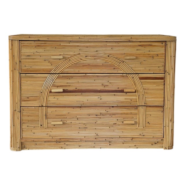 Vintage Restored Organic Modern Pencil Reed Rattan Arch Front Dresser For Sale