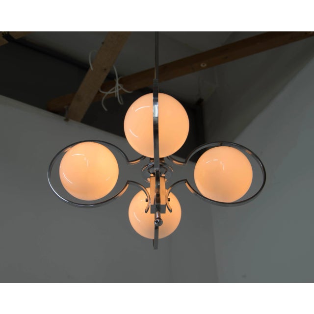 Art Deco Opaline Glass, Wood and Chrome Chandelier, 1930s For Sale - Image 9 of 13