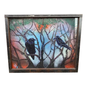 Vintage Mixed Media Glass Hanging Wall Art With Crows Signed by Mark Narens, Framed