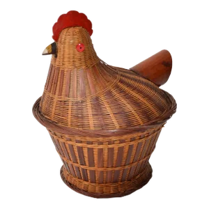 1960s Vintage Chicken Folk Art Wicker Wood Bamboo Lidded Basket