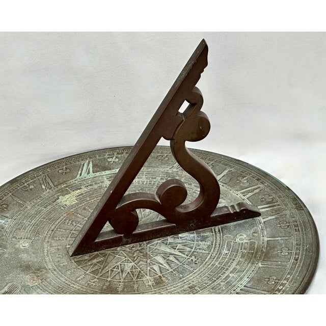 Metal Fine Antique Large 12 Inch Size Solid Cast Bronze Sundial With Extensivly Detailed Calibrations Circa Early 1900s For Sale - Image 7 of 18