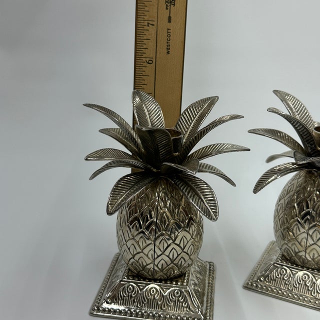 1980s Pair of Silver Plated Metal Pineapple Candle Holders by Godinger For Sale - Image 13 of 18