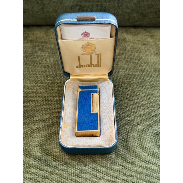 Rare Vintage Dunhill Gold Plated Blue Marble Lacquer Lighter Original Sky Case For Sale In New York - Image 6 of 8