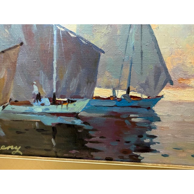 Blue Vintage Original Evgeny Expressionism Nautical Sail Boat Oil Painting on Canvas For Sale - Image 8 of 14