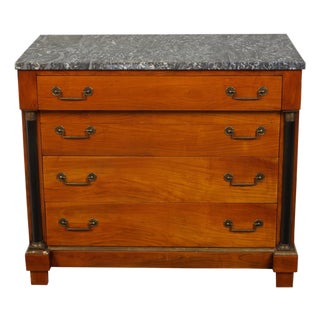 French 1930s Empire Style Walnut Commode with Grey Marble Top and Black Columns For Sale