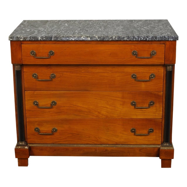French 1930s Empire Style Walnut Commode with Grey Marble Top and Black Columns For Sale