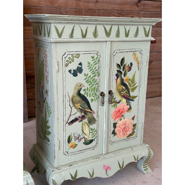 Celadon Vintage Hand-Painted Tropical Folk Art Cabinets With Botanical & Animal Motifs-Pair For Sale - Image 8 of 12