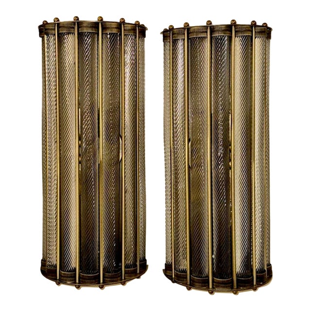 Modern Pair of Twisted Murano Glass Sconces With Brass Details For Sale