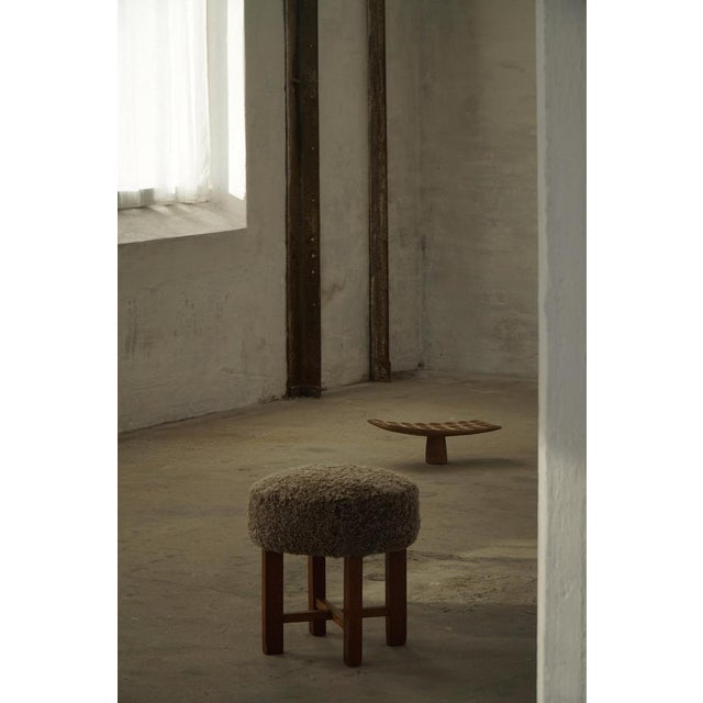 Wood Danish Modern Oak Ottoman with Shearling Lambswool Upholstery, 1960s For Sale - Image 7 of 18