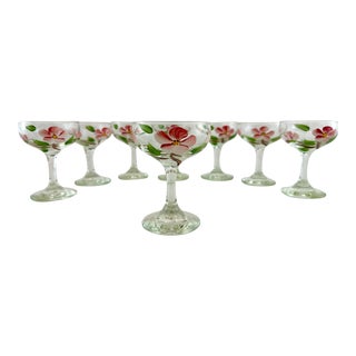 1950s Hand-Painted Floral Pink and Green Champagne Coupe Glasses- Set of 8 For Sale