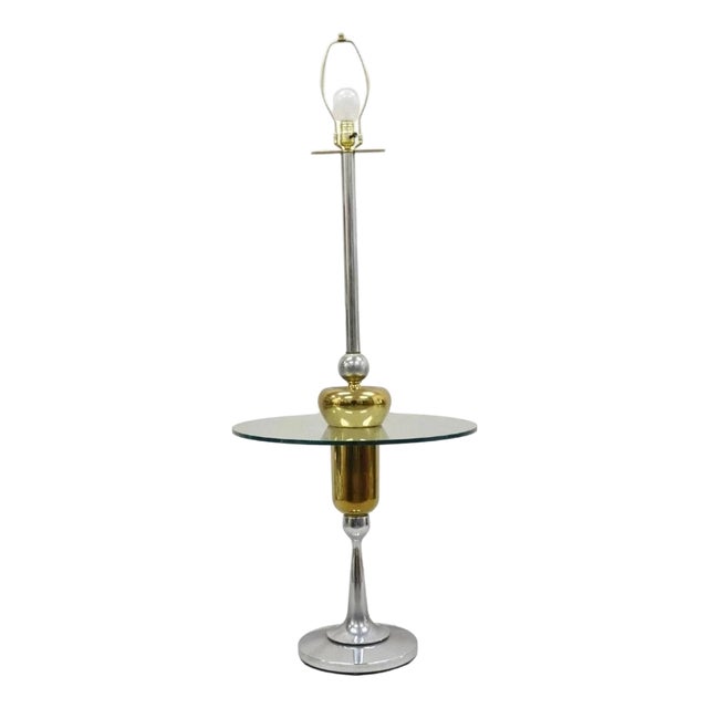 Mid 20th Century Mid Century Modern Space Age Atomic Era Chrome Brass Glass Side Table Floor Lamp For Sale