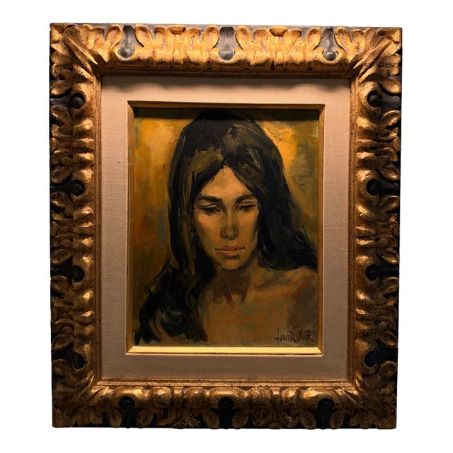 1960s Jan De Ruth Signed Oil Portrait of a Woman in Ornate Gold-Tone Frame For Sale