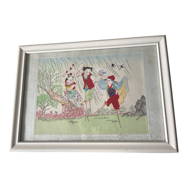 Antique Chinese Oil Painting of Children at Play on Stilts Unsigned For Sale