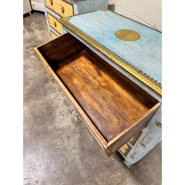 Sky Blue Boho Coastal Vintage Painted Chests Brass Detail - A Pair For Sale - Image 8 of 12