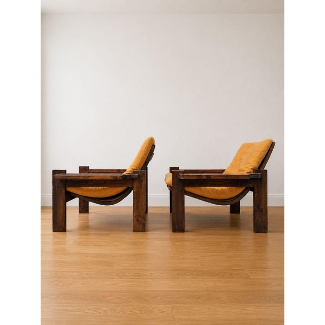 Brutalist Vintage Oak and Orange Velvet Armchairs, 1979, Set of 2 For Sale - Image 3 of 8