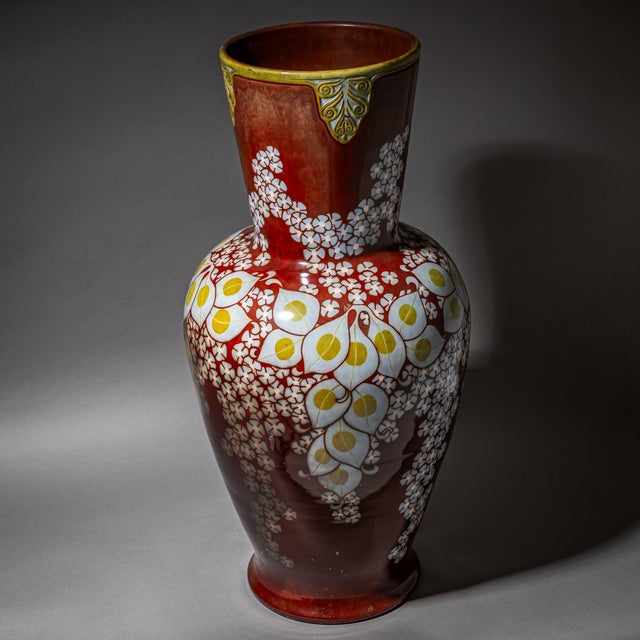 Large Red Vase with Floral Decoration from Zsolnay Ceramics, Hungary, Early 20th Century For Sale - Image 4 of 16