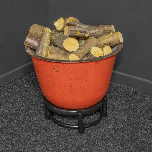 An attractive cast iron 'copper' converted to a log bin with associated bentwood stand to allow for the round bottom....
