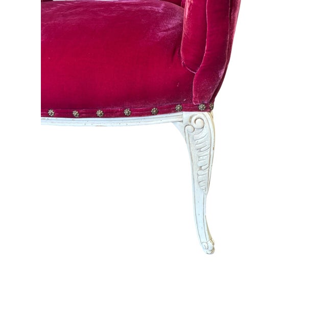 Vintage Louis XV Style Wingback Bergère Chair in Ruby Velvet With Carved Distressed Frame For Sale - Image 9 of 10