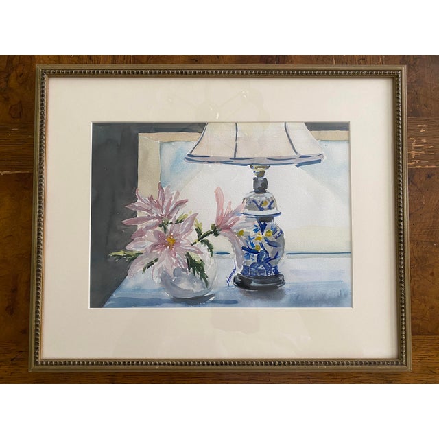 1980s Blue and White Ginger Jar Lamp Still Life Original Watercolor Painting, Framed For Sale - Image 10 of 10