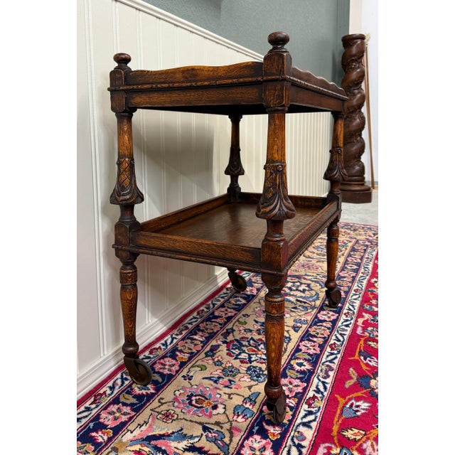 Antique English Trolley Tea Cart Pastry Cocktail Bar Cart Tray Tudor Oak 1930s For Sale - Image 12 of 18