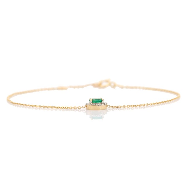 Oval Cut Natural Emerald Chain Bracelet With Diamonds in 14k Solid Yellow Gold For Sale - Image 10 of 17