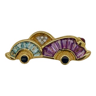 18k Gold Vintage Car Brooch With Diamonds, Aquamarine & Amethyst For Sale
