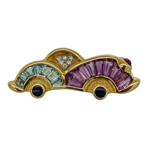 18k Gold Vintage Car Brooch With Diamonds, Aquamarine & Amethyst