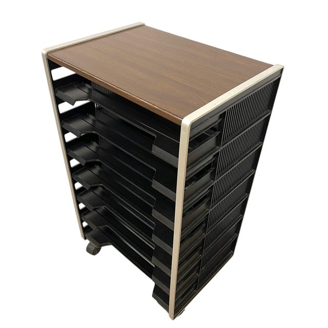 Vintage Rolling Office File Organizer Cart With Tiered Plastic Trays, Wood Top. For Sale - Image 10 of 10