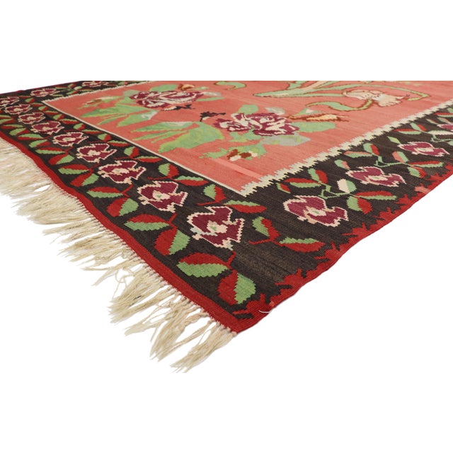 Vintage Floral Turkish Kilim Rug, FlatWeave Rose Kilim Rug 6'8 X 10