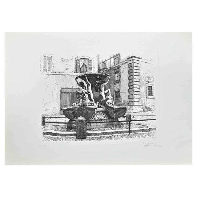 Giuseppe Malandrino, Fountain of the Turtles, Etching, 1970s For Sale